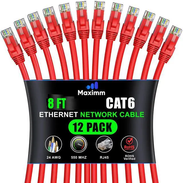 Main image of Maximm Cat 6 Ethernet Cable 8 Ft, (12-Pack) Cat6 Cable, LAN Cable, Internet Cable and Network Cable - UTP (Red), 8 Feet