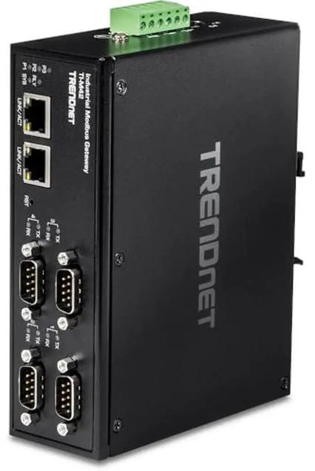 Main image of TRENDnet 4-Port Fast Ethernet Industrial Modbus Gateway, 4 x Serial DB-9 Ports, 2 x Fast Ethernet Ports, Up to 100m (328 ft), IP30 Rated Housing, Extreme Temperature Protection, Black, TI-M42