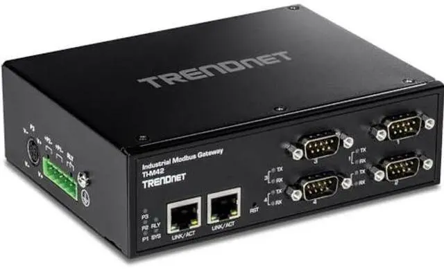 Alt view image 3 of 3 - TRENDnet 4-Port Fast Ethernet Industrial Modbus Gateway, 4 x Serial DB-9 Ports, 2 x Fast Ethernet Ports, Up to 100m (328 ft), IP30 Rated Housing, Extreme Temperature Protection, Black, TI-M42