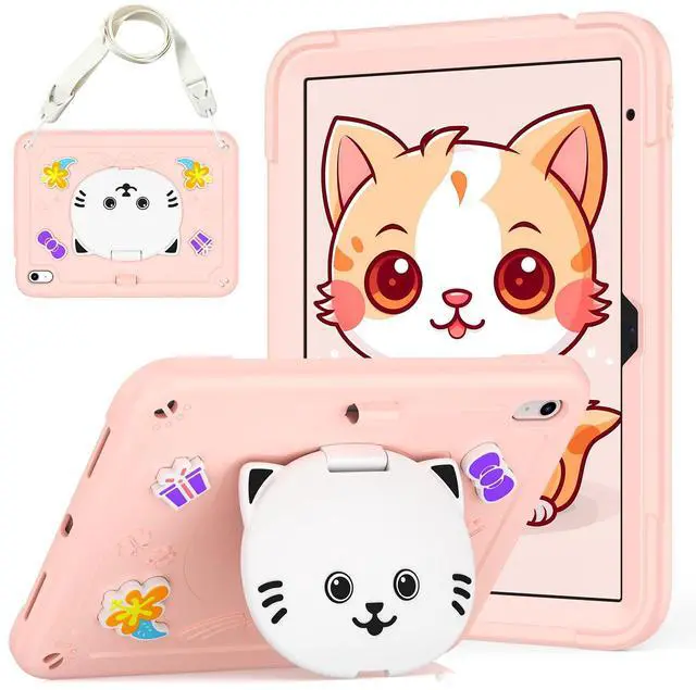 Main image of AOKOZZY for iPad (A16) 11th 11 inch 2025 /10th Generation 10.9 inch 2022 Case for Kids Girls, with Pencil Holder,Shoulder Strap & Cat Stand, Soft Silicone Shockproof Case for iPad 10th Gen (Rose Pink)