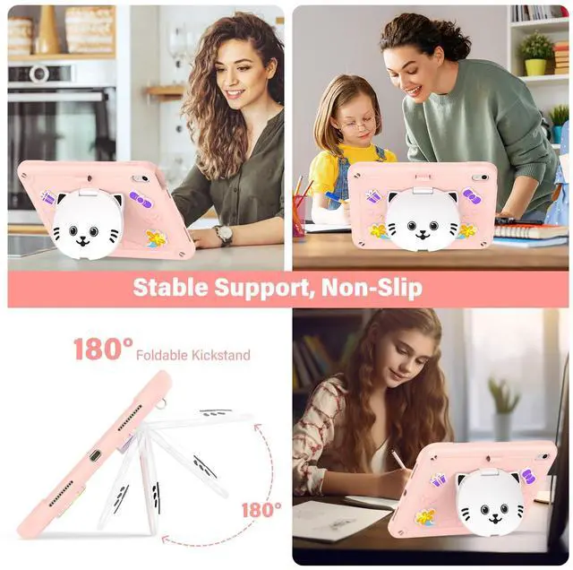 Alt view image 4 of 5 - AOKOZZY for iPad (A16) 11th 11 inch 2025 /10th Generation 10.9 inch 2022 Case for Kids Girls, with Pencil Holder,Shoulder Strap & Cat Stand, Soft Silicone Shockproof Case for iPad 10th Gen (Rose Pink)