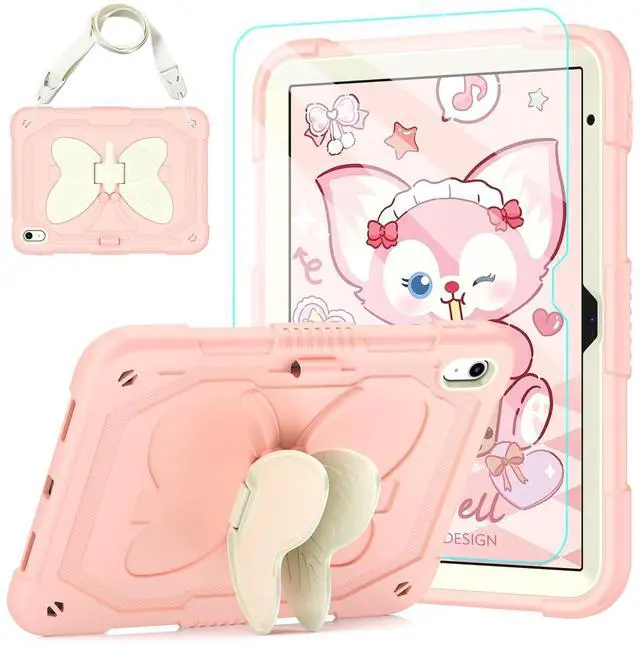Main image of AOKOZZY for iPad (A16) 11th/10th Generation Case for Kids Girls,11'' 2025/10.9'' 2022 with Glass Screen Protector Butterfly Kickstand,Pencil Holder,Strap Shockproof iPad Case 10th Gen (Rose Pink)