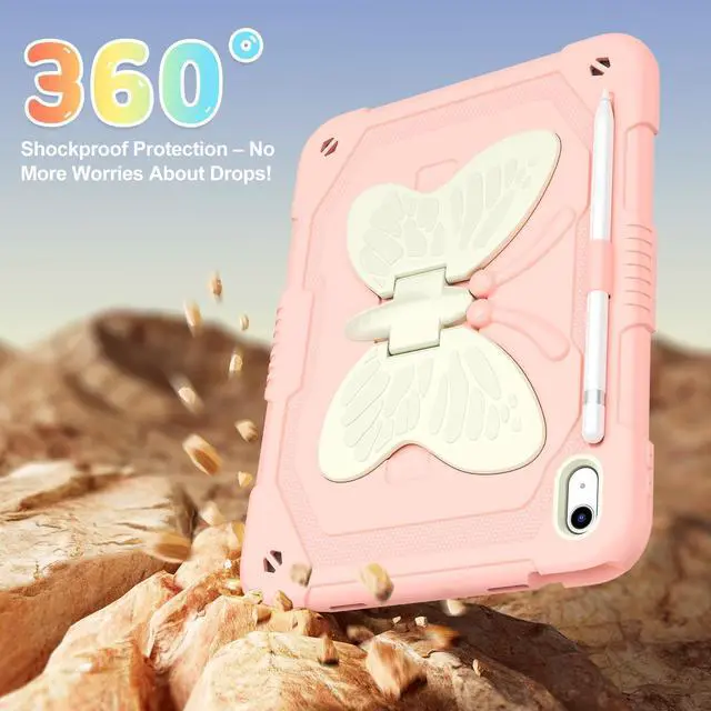 Alt view image 3 of 5 - AOKOZZY for iPad (A16) 11th/10th Generation Case for Kids Girls,11'' 2025/10.9'' 2022 with Glass Screen Protector Butterfly Kickstand,Pencil Holder,Strap Shockproof iPad Case 10th Gen (Rose Pink)