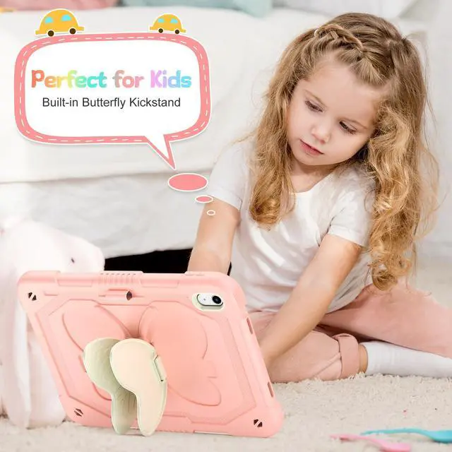 Alt view image 4 of 5 - AOKOZZY for iPad (A16) 11th/10th Generation Case for Kids Girls,11'' 2025/10.9'' 2022 with Glass Screen Protector Butterfly Kickstand,Pencil Holder,Strap Shockproof iPad Case 10th Gen (Rose Pink)