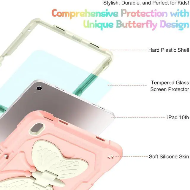 Alt view image 5 of 5 - AOKOZZY for iPad (A16) 11th/10th Generation Case for Kids Girls,11'' 2025/10.9'' 2022 with Glass Screen Protector Butterfly Kickstand,Pencil Holder,Strap Shockproof iPad Case 10th Gen (Rose Pink)