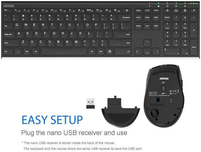 Alt view image 4 of 5 - Arteck 2.4G Wireless Keyboard and Mouse Combo Stainless Full Size Keyboard and Ergonomic Mouse with Side Buttons for Computer Desktop PC Laptop and Windows 11/10/8/7 Build in Rechargeable Battery