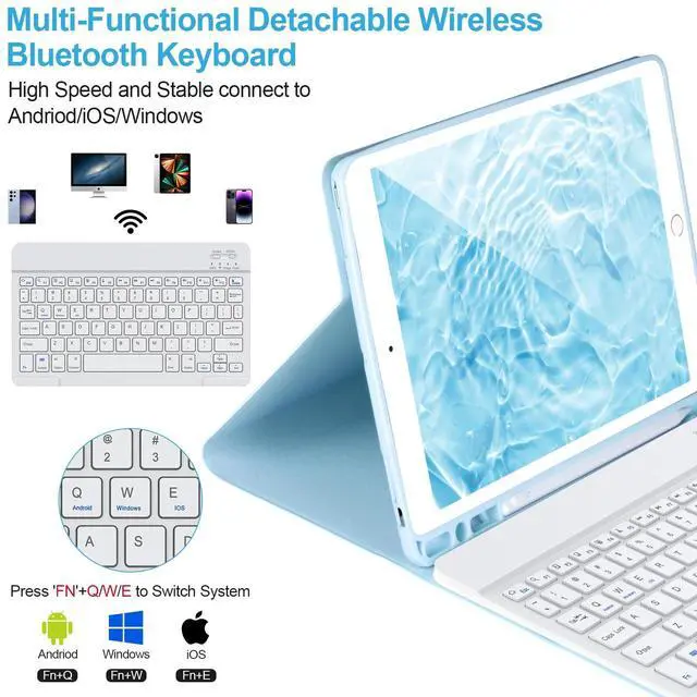 Alt view image 3 of 5 - Keyboard Case for iPad 9/8/7th Gen 10.2'',Case with Keyboard ipad 10.2 inch,Keyboard for iPad 9th Gen,Detachable Bluetooth Keyboard for iPad 10.2,iPad Keyboard Case 9th Gen with Pencil Holder,Blue-W