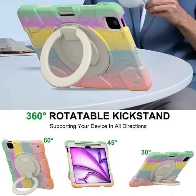 Alt view image 5 of 5 - Andnary Case for iPad Air 11 inch 2024 M2 Case 6th Generation Case, Heavy Duty Protective Cover with Pencil Holder/360deg Rotate Handle Stand/Shoulder Strap for A2902/A2903/A2904, Colorful+Pink