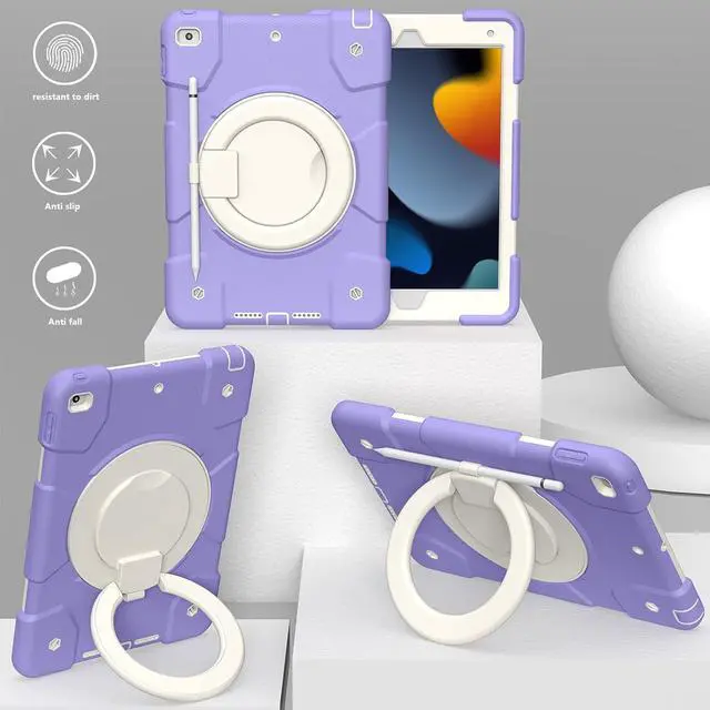 Alt view image 3 of 5 - Andnary Case for iPad 9th/8th/7th Generation 10.2 inch, Heavy Duty Shockproof Cover with 360deg Rotating Handle/Bracket/Pen Holder/Shoulder Strap, Case for iPad 10.2 inch 2021/2020/2019, Purple