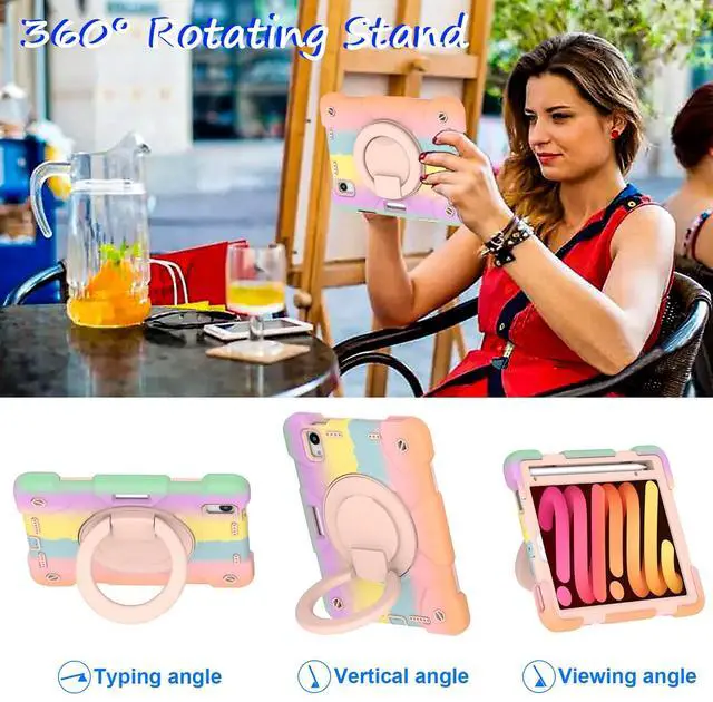 Alt view image 3 of 5 - Andnary Case for 2024 iPad Mini 7 A17 Pro/2021 Mini 6 8.3 Inch Case with Built-in Pencil Holder/360deg Rotating Handle Stand, Drop-Proof Cover for iPad Mini 7th/6th Generation 8.3", Colorful Pink