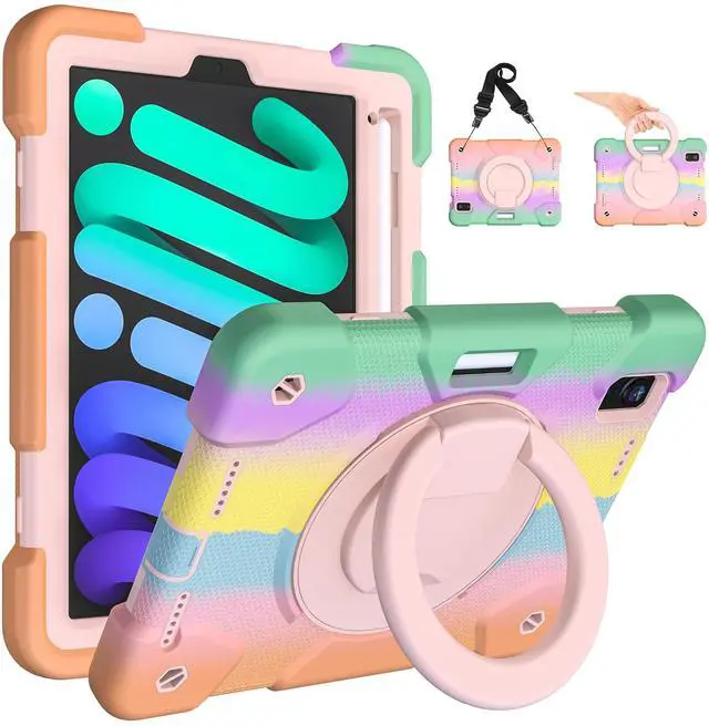 Main image of Andnary Case for 2024 iPad Mini 7 A17 Pro/2021 Mini 6 8.3 Inch Case with Built-in Pencil Holder/360deg Rotating Handle Stand, Drop-Proof Cover for iPad Mini 7th/6th Generation 8.3", Colorful Pink