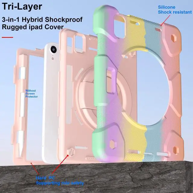 Alt view image 4 of 5 - Andnary Case for 2024 iPad Mini 7 A17 Pro/2021 Mini 6 8.3 Inch Case with Built-in Pencil Holder/360deg Rotating Handle Stand, Drop-Proof Cover for iPad Mini 7th/6th Generation 8.3", Colorful Pink