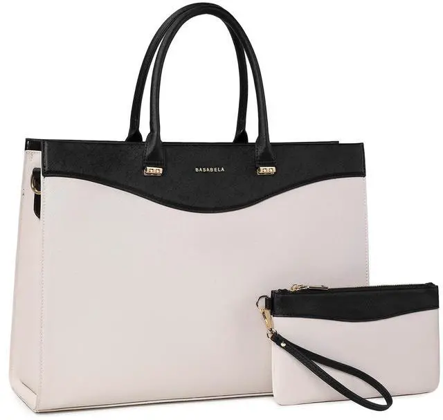 Main image of BASA BELA 16 Inch Laptop Purse Leather Briefcase and Handbags for Women Work, Waterproof Womens Computer Tote Bags, Professional Ipad Messenger Satchel Shoulder Bag with Adjustable Strap(Black-beige)