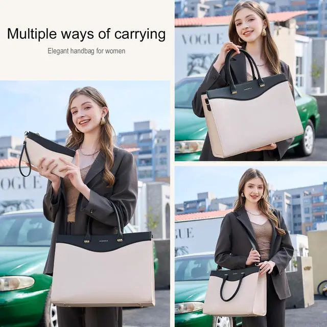 Alt view image 2 of 5 - BASA BELA 16 Inch Laptop Purse Leather Briefcase and Handbags for Women Work, Waterproof Womens Computer Tote Bags, Professional Ipad Messenger Satchel Shoulder Bag with Adjustable Strap(Black-beige)