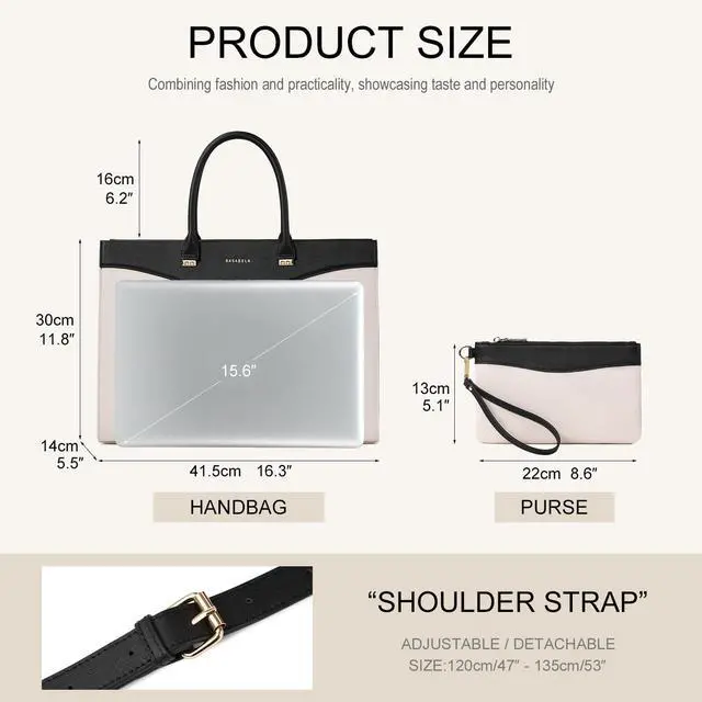 Alt view image 3 of 5 - BASA BELA 16 Inch Laptop Purse Leather Briefcase and Handbags for Women Work, Waterproof Womens Computer Tote Bags, Professional Ipad Messenger Satchel Shoulder Bag with Adjustable Strap(Black-beige)