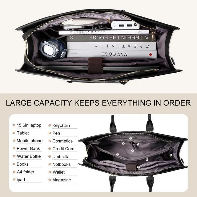 Alt view image 4 of 5 - BASA BELA 16 Inch Laptop Purse Leather Briefcase and Handbags for Women Work, Waterproof Womens Computer Tote Bags, Professional Ipad Messenger Satchel Shoulder Bag with Adjustable Strap(Black-beige)