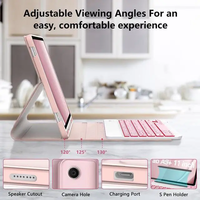 Alt view image 2 of 5 - Galaxy Tab A9 Plus Case with Keyboard 5G 11 Inch 2023 (SM-X210/X216/X218), 7 Color Backlit Detachable Tablet Keyboard Cover with S Pen Holder for Samsung Galaxy Tab A9+ 11" (Pink)