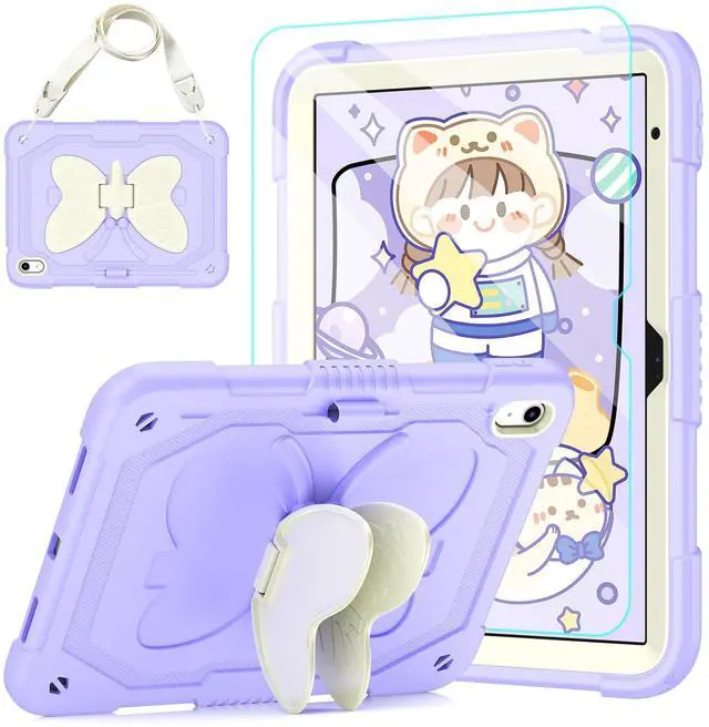 Main image of AOKOZZY for iPad (A16) 11th/10th Generation Case for Kids Girls,11'' 2025/10.9'' 2022 with Glass Screen Protector Butterfly Kickstand,Pencil Holder,Strap Shockproof iPad Case 10th Gen (Purple)