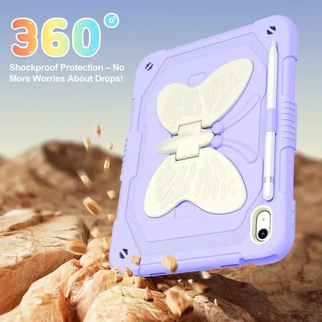 Alt view image 3 of 5 - AOKOZZY for iPad (A16) 11th/10th Generation Case for Kids Girls,11'' 2025/10.9'' 2022 with Glass Screen Protector Butterfly Kickstand,Pencil Holder,Strap Shockproof iPad Case 10th Gen (Purple)