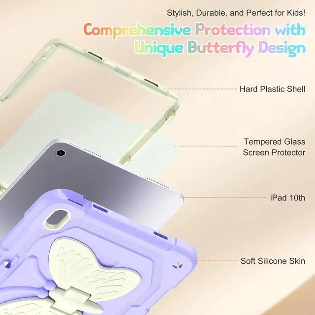 Alt view image 5 of 5 - AOKOZZY for iPad (A16) 11th/10th Generation Case for Kids Girls,11'' 2025/10.9'' 2022 with Glass Screen Protector Butterfly Kickstand,Pencil Holder,Strap Shockproof iPad Case 10th Gen (Purple)