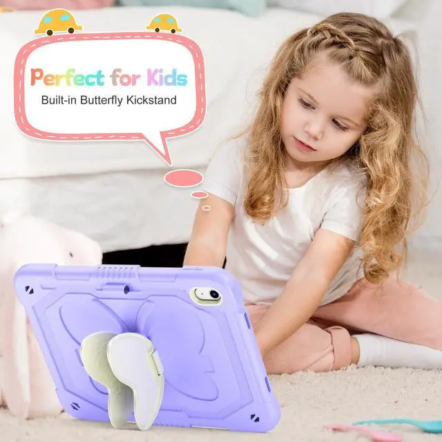 Alt view image 4 of 5 - AOKOZZY for iPad (A16) 11th/10th Generation Case for Kids Girls,11'' 2025/10.9'' 2022 with Glass Screen Protector Butterfly Kickstand,Pencil Holder,Strap Shockproof iPad Case 10th Gen (Purple)
