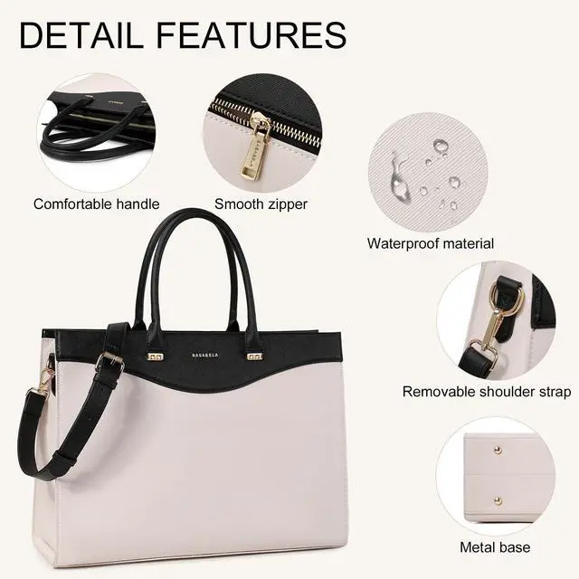 Alt view image 5 of 5 - BASA BELA 16 Inch Laptop Purse Leather Briefcase and Handbags for Women Work, Waterproof Womens Computer Tote Bags, Professional Ipad Messenger Satchel Shoulder Bag with Adjustable Strap(Black-beige)