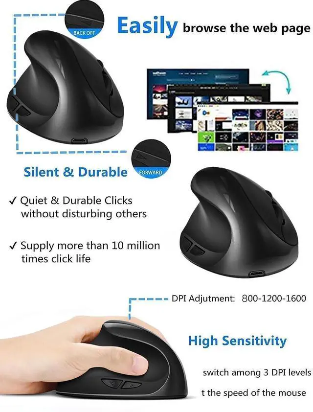 Alt view image 5 of 5 - BeWishes Left Handed Mouse, 2.4G Wireless Vertical Mouse Ergonomic Mice, 3 Adjustable DPI (800/1200/1600), Less Noise,Specially for Small Hand Left-handers