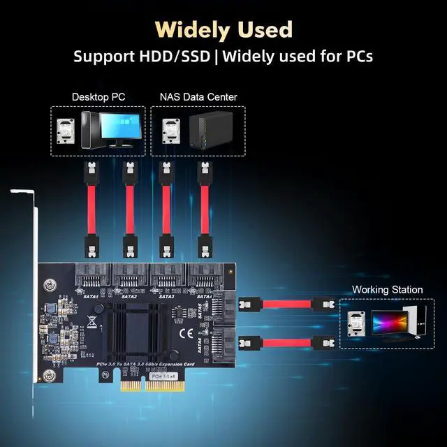 Alt view image 5 of 5 - Binardat 6-Port PCIe x4 SATA 3.0 Controller, Includes 6 SATA Cables and Low Profile Bracket, Windows 10/11 Compatible
