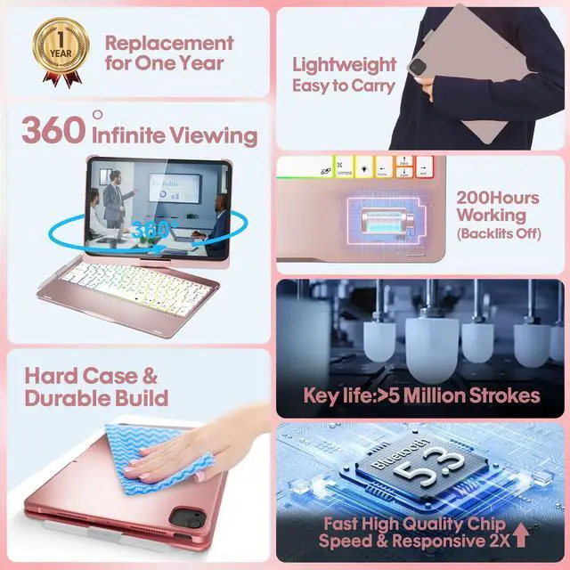 Alt view image 2 of 5 - BABG Keyboard Case for iPad 10th Generation&iPad 11th(A16,2025),iPad Air 11/iPad Pro 11 inch Keyboard&iPad Air 5th/Air 4th Keyboard, 360degSwivel,7 Use Modes,Backlight,Large Battery-Pink