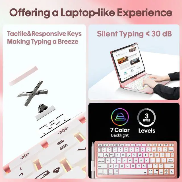 Alt view image 4 of 5 - BABG Keyboard Case for iPad 10th Generation&iPad 11th(A16,2025),iPad Air 11/iPad Pro 11 inch Keyboard&iPad Air 5th/Air 4th Keyboard, 360degSwivel,7 Use Modes,Backlight,Large Battery-Pink