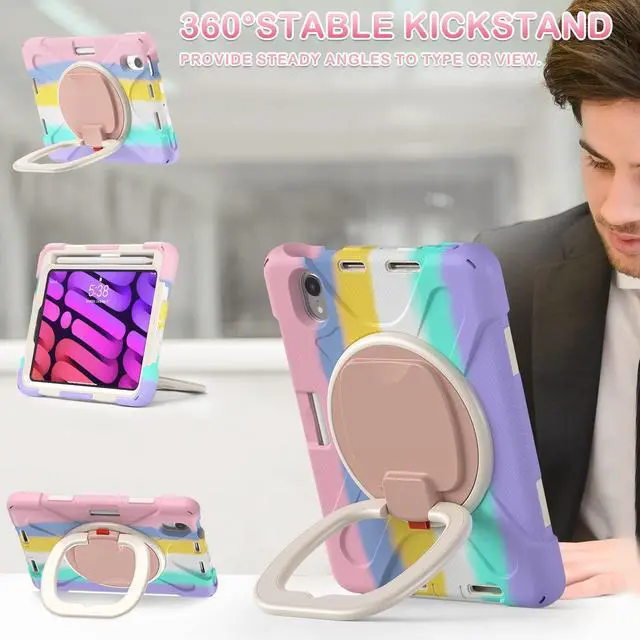 Alt view image 4 of 5 - BATYUE Case for iPad Mini 7 (A17 Pro) 2024/ iPad Mini 6 (A15 Bionic) 2021 8.3 inch, Shockproof Case for iPad Mini 7th/6th Gen with Pencil Holder/ 360deg Swivel Stand/Shoulder Strap - Colourful Pink