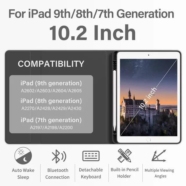 Alt view image 2 of 5 - BQDIYOO Keyboard Case for iPad 9th/8th/7th Generation(2021/2020/2019), 10.2 inch iPad 9/8/7 Case with Keyboard, Auto Wake Sleep Cover with Pencil Holder, Black