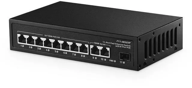 Main image of Binardat 11 Port POE Switch, 8 POE+ Ports 10/100Mbps, 2 Gigabit Uplink, 1 Gigabit SFP, IEEE802.3af/at, 135W Power Supply, Metal Case Unmanaged Plug and Play