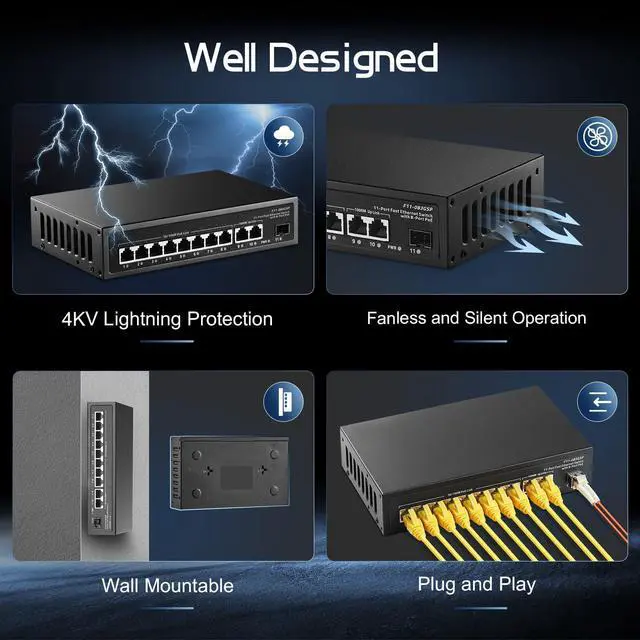 Alt view image 5 of 5 - Binardat 11 Port POE Switch, 8 POE+ Ports 10/100Mbps, 2 Gigabit Uplink, 1 Gigabit SFP, IEEE802.3af/at, 135W Power Supply, Metal Case Unmanaged Plug and Play