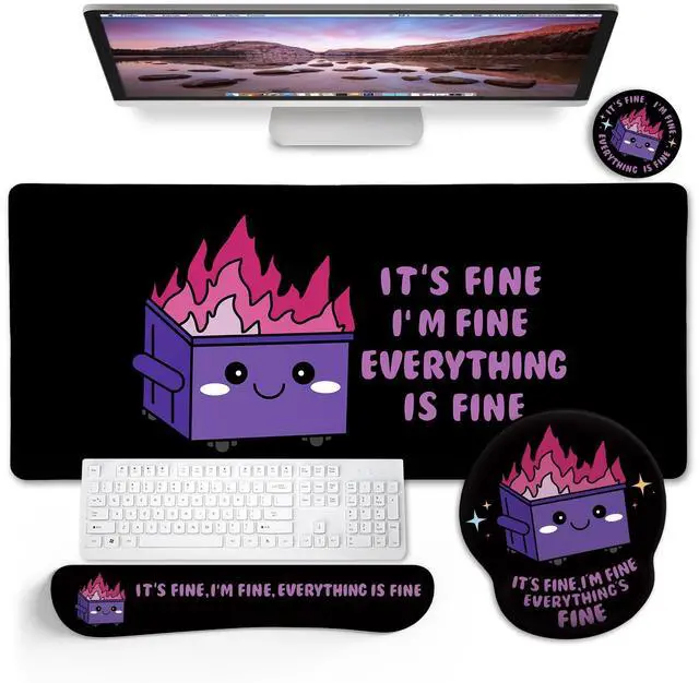 Main image of Blusabaca Dumpster on Fire Mouse Pad Desk Pad, Funny Cute Desk Mat Large Gaming Mouse Pad with Wrist Rest, Keyboard Pad Wrist Rest Ergonomic, Cup Coaster, Work Home Desk Accessories Office Supplies