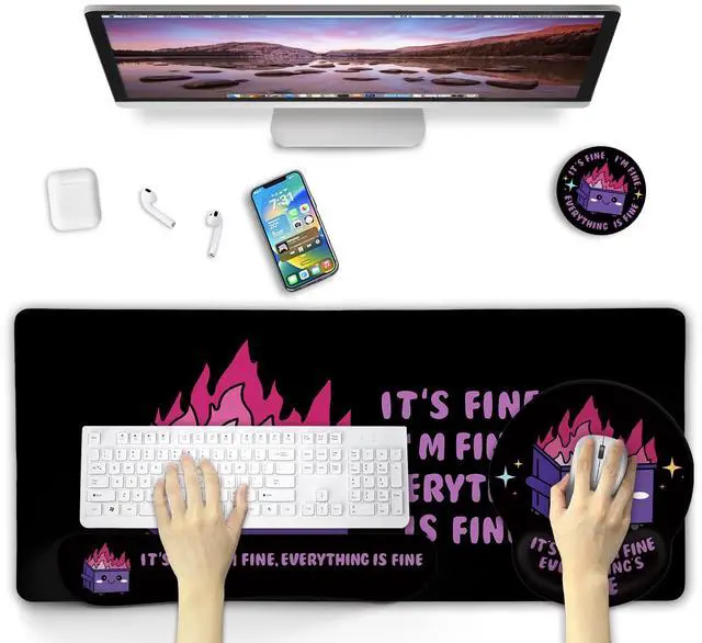 Alt view image 2 of 5 - Blusabaca Dumpster on Fire Mouse Pad Desk Pad, Funny Cute Desk Mat Large Gaming Mouse Pad with Wrist Rest, Keyboard Pad Wrist Rest Ergonomic, Cup Coaster, Work Home Desk Accessories Office Supplies