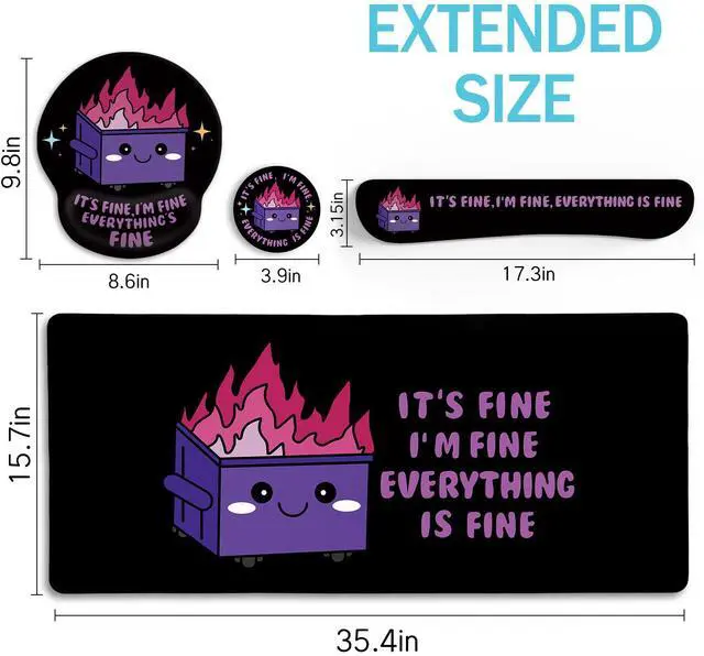 Alt view image 4 of 5 - Blusabaca Dumpster on Fire Mouse Pad Desk Pad, Funny Cute Desk Mat Large Gaming Mouse Pad with Wrist Rest, Keyboard Pad Wrist Rest Ergonomic, Cup Coaster, Work Home Desk Accessories Office Supplies