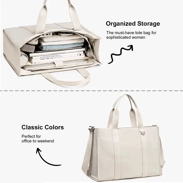 Alt view image 3 of 5 - Laptop Tote Bag for Women Work 15.6 inch Canvas Shoulder Bags Computer Messenger Purse Teacher Handbag Office Briefcase (Light-Grey)