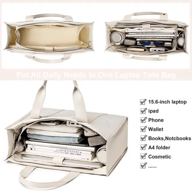 Alt view image 5 of 5 - Laptop Tote Bag for Women Work 15.6 inch Canvas Shoulder Bags Computer Messenger Purse Teacher Handbag Office Briefcase (Light-Grey)