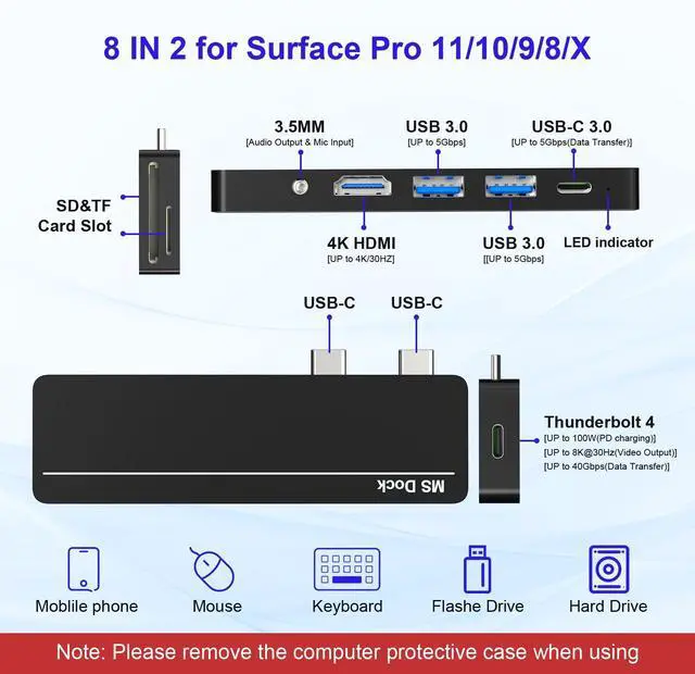 Alt view image 2 of 5 - Surface Pro 8/9/X/10/11 Docking Station - Surface Pro 11 USB C Adapter Multiport Hub with 4K HDMI, Thunderbolt 4, USB 3.0, SD/TF Reader, 3.5mm Audio Microsoft Surface Pro Copilot Accessories