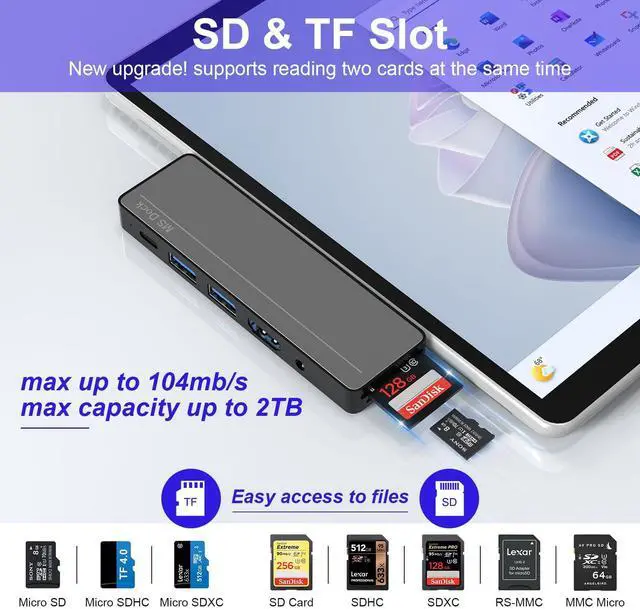 Alt view image 3 of 5 - Surface Pro 8/9/X/10/11 Docking Station - Surface Pro 11 USB C Adapter Multiport Hub with 4K HDMI, Thunderbolt 4, USB 3.0, SD/TF Reader, 3.5mm Audio Microsoft Surface Pro Copilot Accessories
