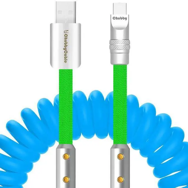 Main image of chubbycable Colorblock Chubby - Spring Braided Silicone Charge Cable Coiled USB C Cable Fast Charging Type C Charger Cord for Car, Blue+Green, USB-A to Type-C, 2.29FT-3.6FT