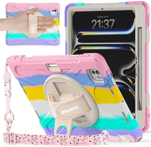 Main image of BRAECNstock Kids Case for Apple iPad Pro 11 inch 2024 M4 5th Geneartion with Pen Holder Rotating Hand Strap+Stand Shoulder Strap Shockproof Rugged 2024 iPad Pro 11 inch M4 Case Cover - Colorful Pink