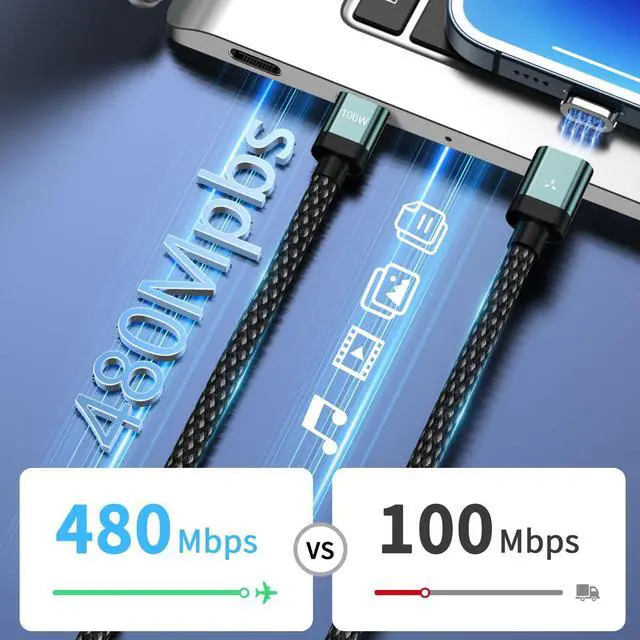 Alt view image 3 of 5 - 100W Magnetic Charging Cable,Magnetic Right Angle USB C Cable,480Mbps Data Transfer,5A Fast Charging,Compatible with USB C Device (Black Green)