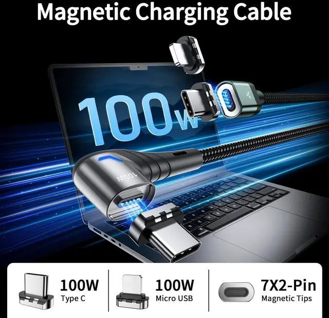 Alt view image 2 of 5 - 100W Magnetic Charging Cable,Magnetic Right Angle USB C Cable,480Mbps Data Transfer,5A Fast Charging,Compatible with USB C Device (Black Green)