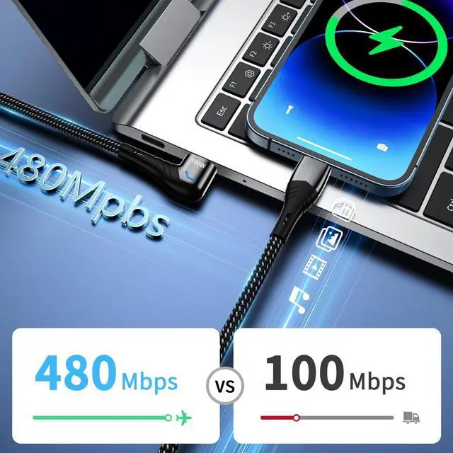 Alt view image 4 of 5 - 100W Magnetic Charging Cable,Magnetic Right Angle USB C Cable,480Mbps Data Transfer,5A Fast Charging,Compatible with USB C Device (Black Green)