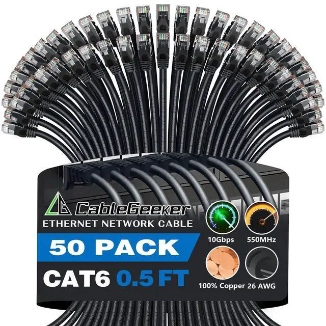 Main image of CableGeeker Cat 6 Ethernet Cable 0.5 ft (50-Pack) - Cat6 Patch Cables 10G Support, Snagless RJ45 26AWG Short Cat 6 Patch Cable, Internet Cable, Network Cable - 0.5 Feet Black