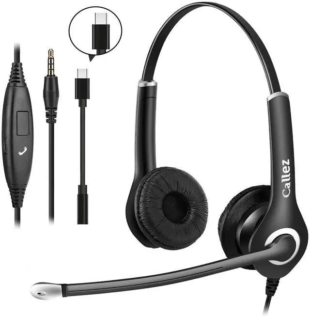 Main image of Callez Computer Headset, 3.5mm Cell Phone Headset with Mic Noise Cancelling, USB-C Wired Headphone for PC Laptop Mac iPhone Samsung Zoom Teams Call Center Home Office Work, in-line Controls
