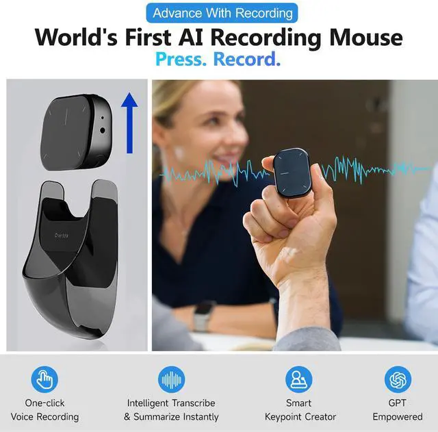 Alt view image 4 of 5 - 2025 AI Wireless Mouse for PC Laptop - ChatGPT Enabled Bluetooth Mouse with Voice Recording & AI Summarize, Ergonomic Presenter Laser Pointer Remote, USB Rechargeable High-Performance Office Device