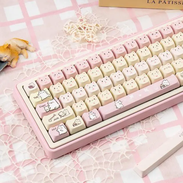 Alt view image 3 of 5 - COOMICKEY Pink Keycaps 140 Keys Dye Sub Keycaps Mao Profile Cute Cat Keycaps Custom Keyboard Key caps Set Fit for 61/64/87/104/108 Cherry Mx Switches ANSI Layout Alice Keyboard Mechanical Keyboards